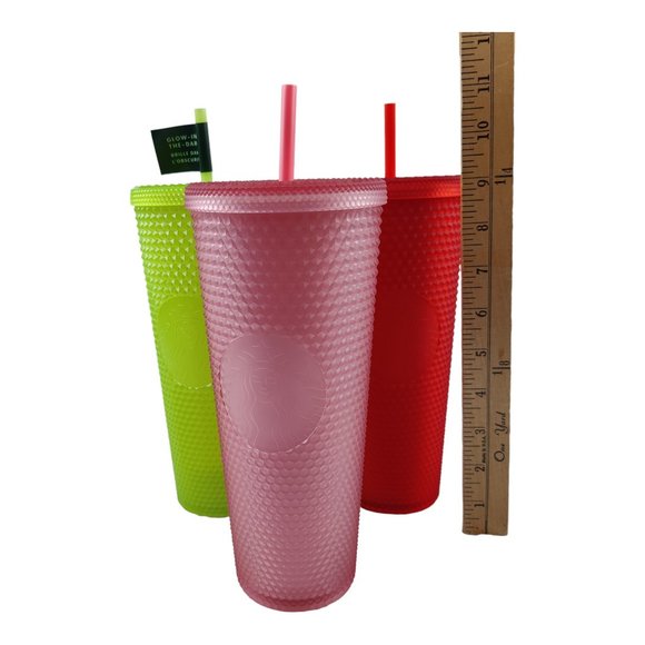 Lot of 3 Starbucks Studded Tumblers 24 Ounces Pink Red Glow In The Dark Neon - Picture 12 of 12